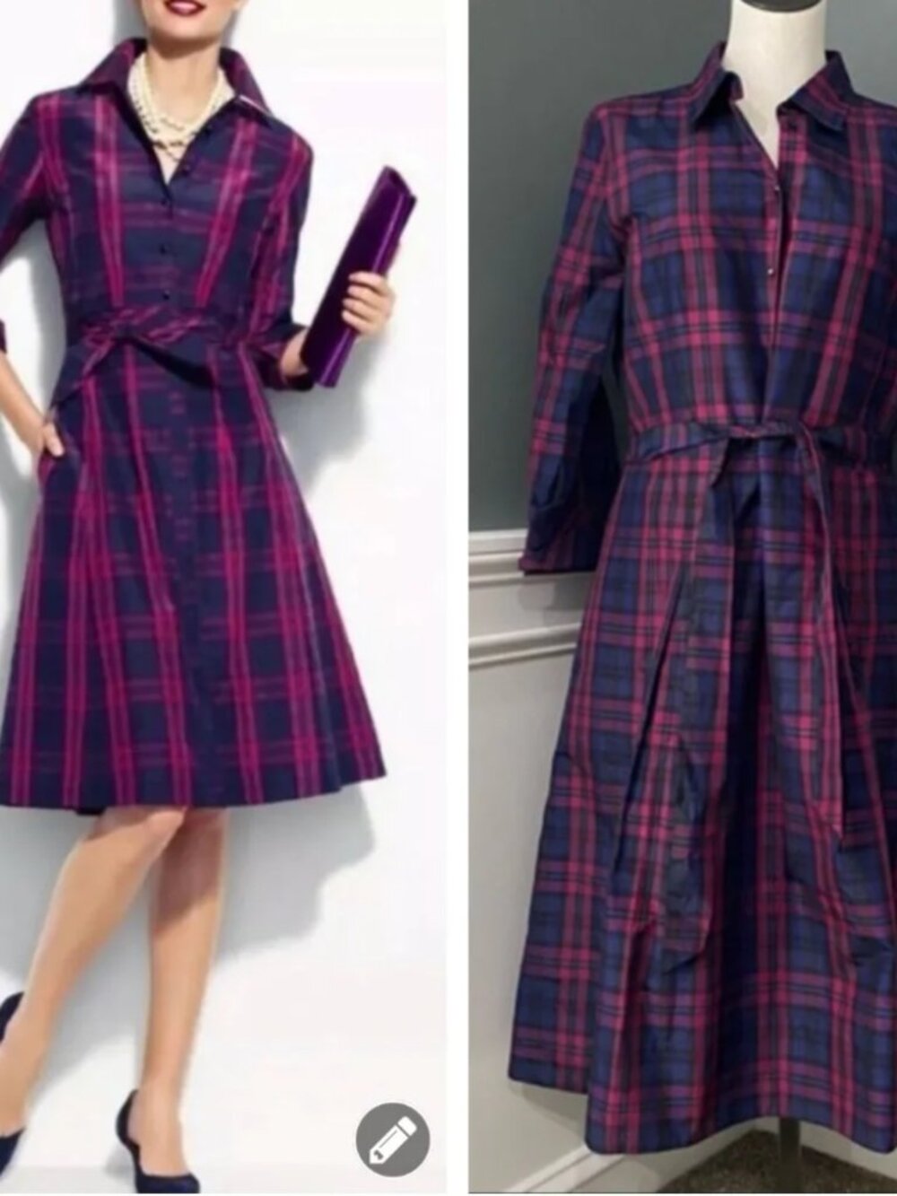 NWT Talbots Silk & Cotton Plaid Belted Shirt Dress Sz 6